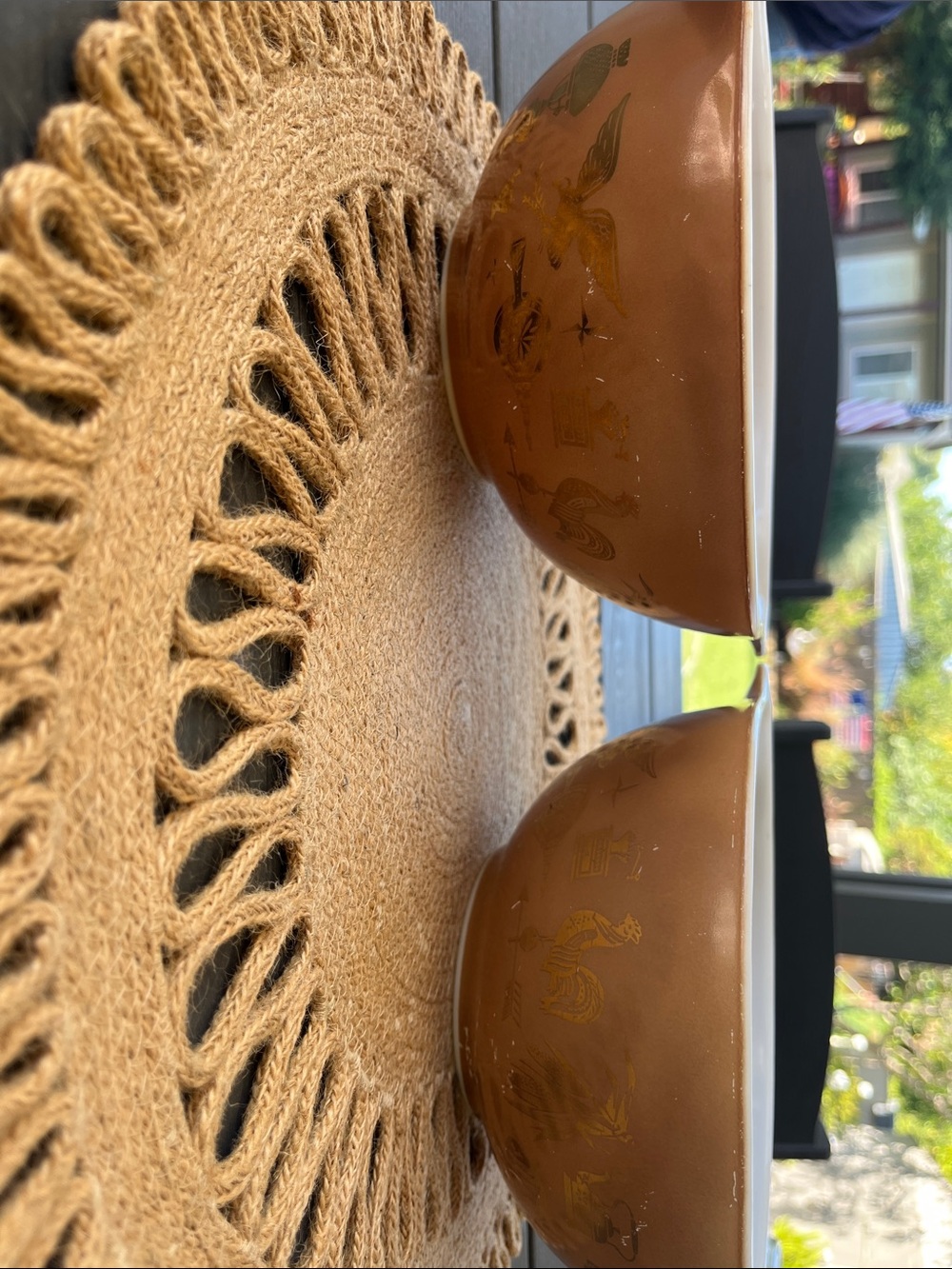 Pair Vintage Pyrex Brown Ceramic Nesting Bowls with Gold Rooster Motif